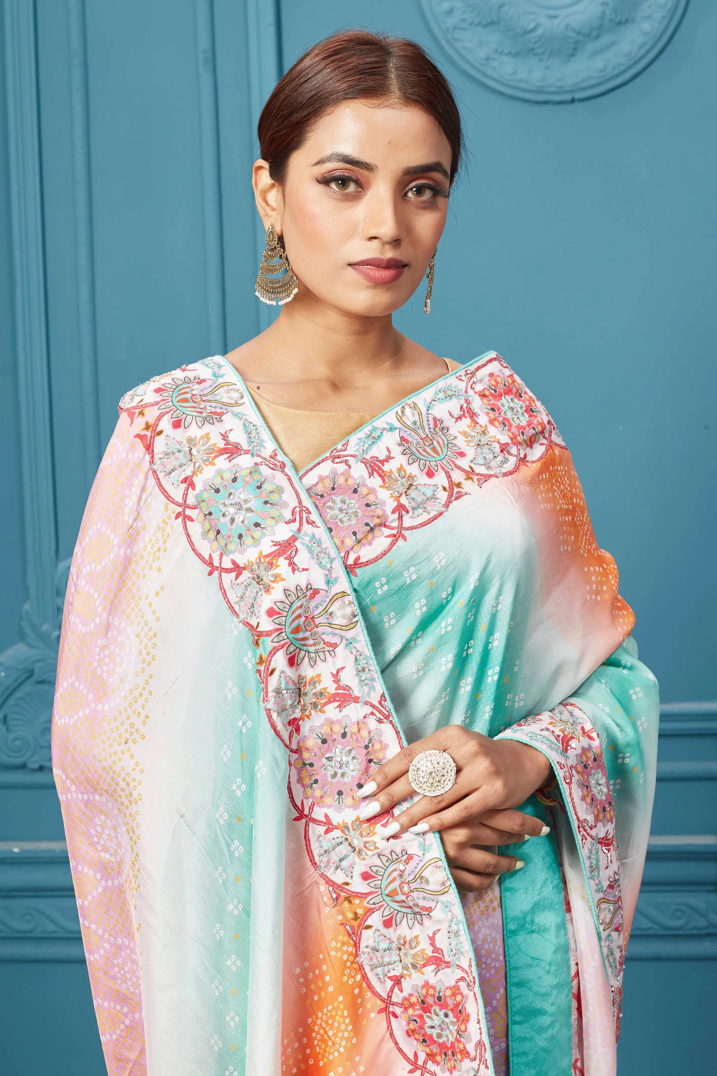 91A094 Pastel Pink Printed Embroidered Mulberry Silk Saree