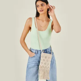 Accessorize London Women's Cream Macrame Fringe Phone Bag