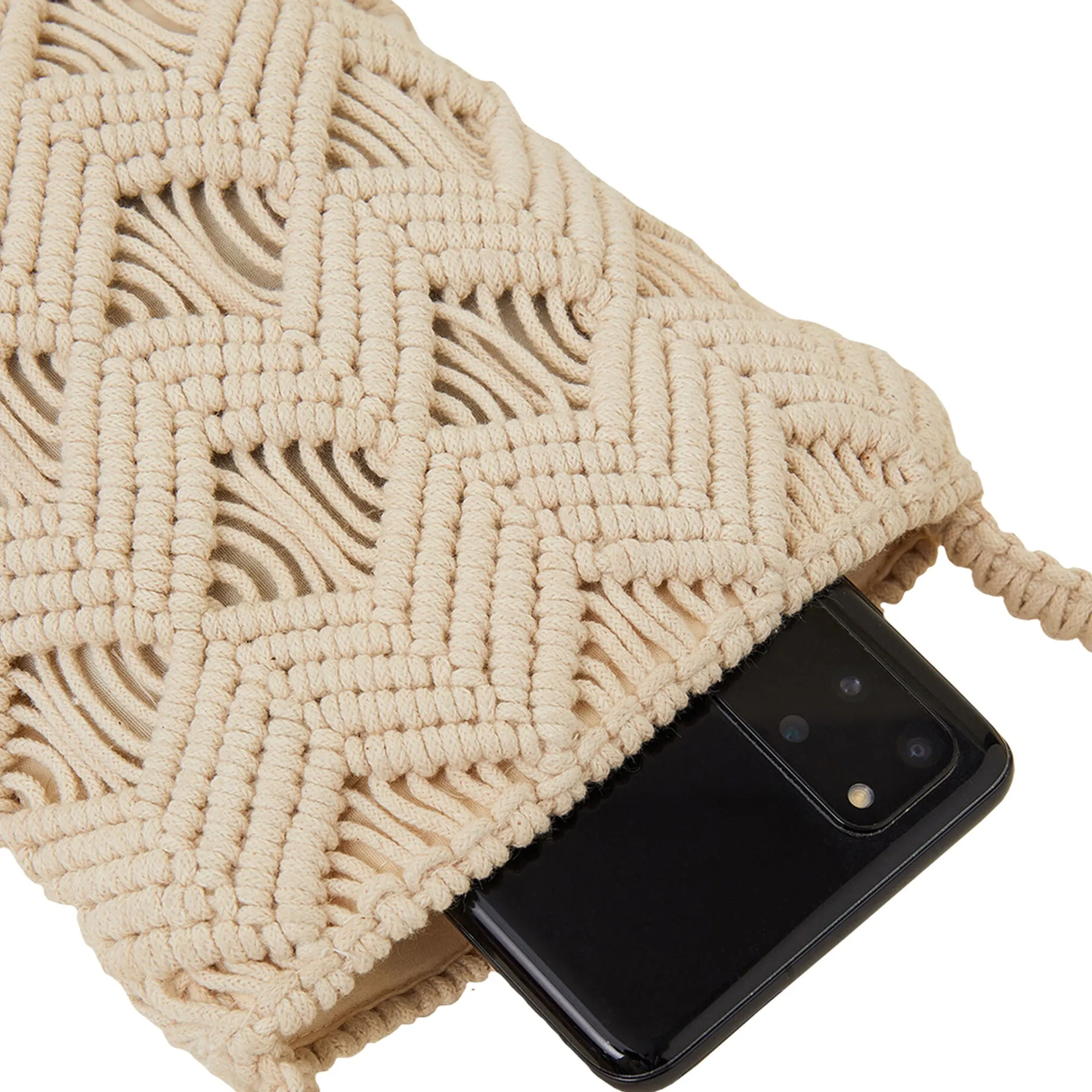 Accessorize London Women's Cream Macrame Fringe Phone Bag