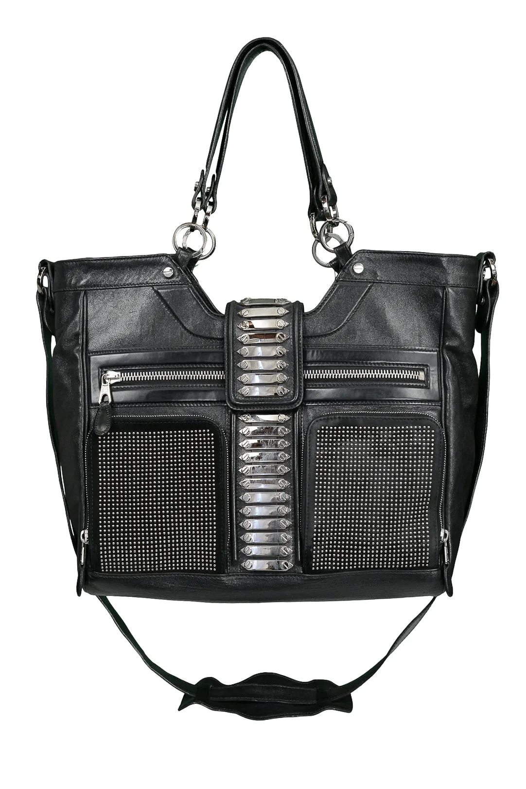 BALENCIAGA BLACK LEATHER AND STUDDED CHROME MESSENGER BAG 2007