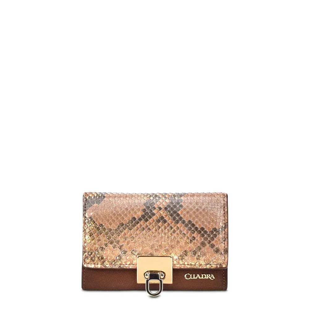 BD197PI - Cuadra chestnut brown small fashion woven pyhon tri fold wallet for women