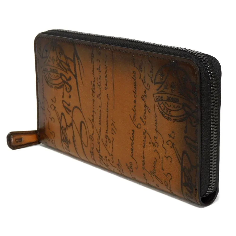 Berluti Long Wallet Purse Venice Calfskin Leather Tobaco Calligraphy Itauba Scritto Leather Long Zip Wallet mens Used Authentic