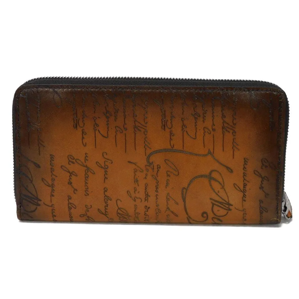 Berluti Long Wallet Purse Venice Calfskin Leather Tobaco Calligraphy Itauba Scritto Leather Long Zip Wallet mens Used Authentic