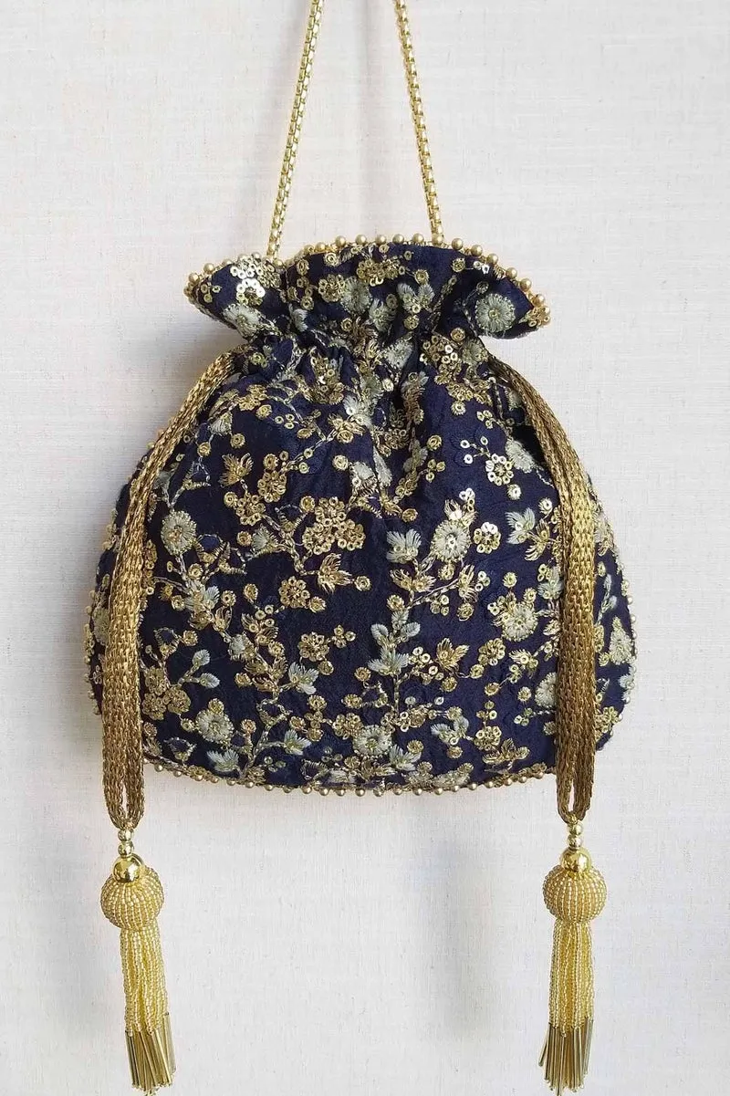 Elan Navy Silk Potli bag With Metal Sling