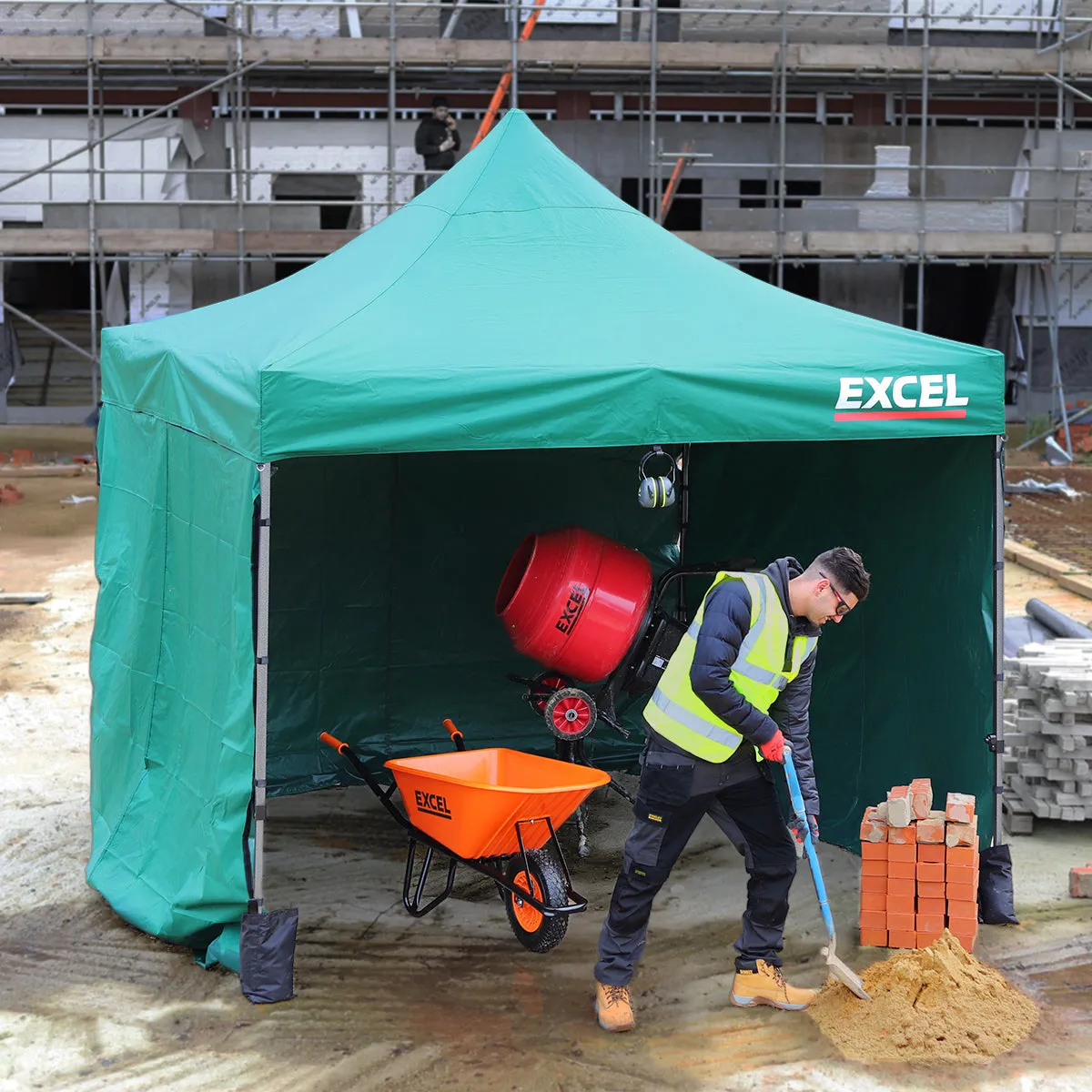 Excel Steel Gazebo 3m x 3m Green with Wheel Bag, Wall panel, Sand Bag, Rope & Pegs