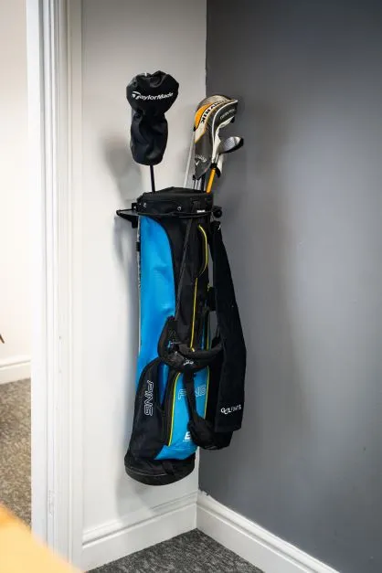 GolfBays Golf Bag Storage Rack- Wall Mount Garage Organizer for Golf Clubs - Fits Any Size Cart or Stand Bag - Easy to Install and Use - Gets Your Clubs Off The Floor