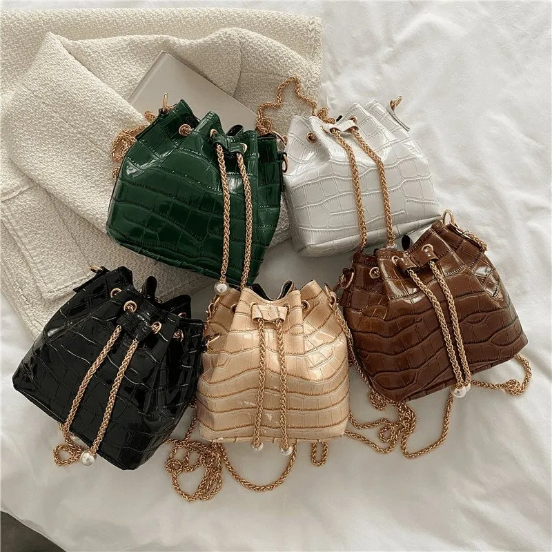 Metal Chain Drawstring Mini Bucket Bag Crossbody