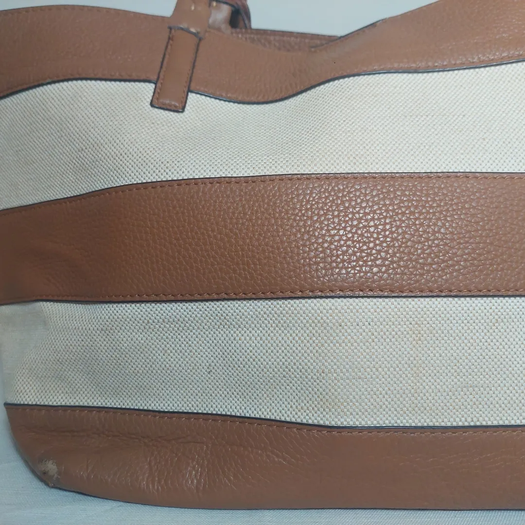 Michael Kors Striped Canvas & Tan Leather Tote | Pre loved |