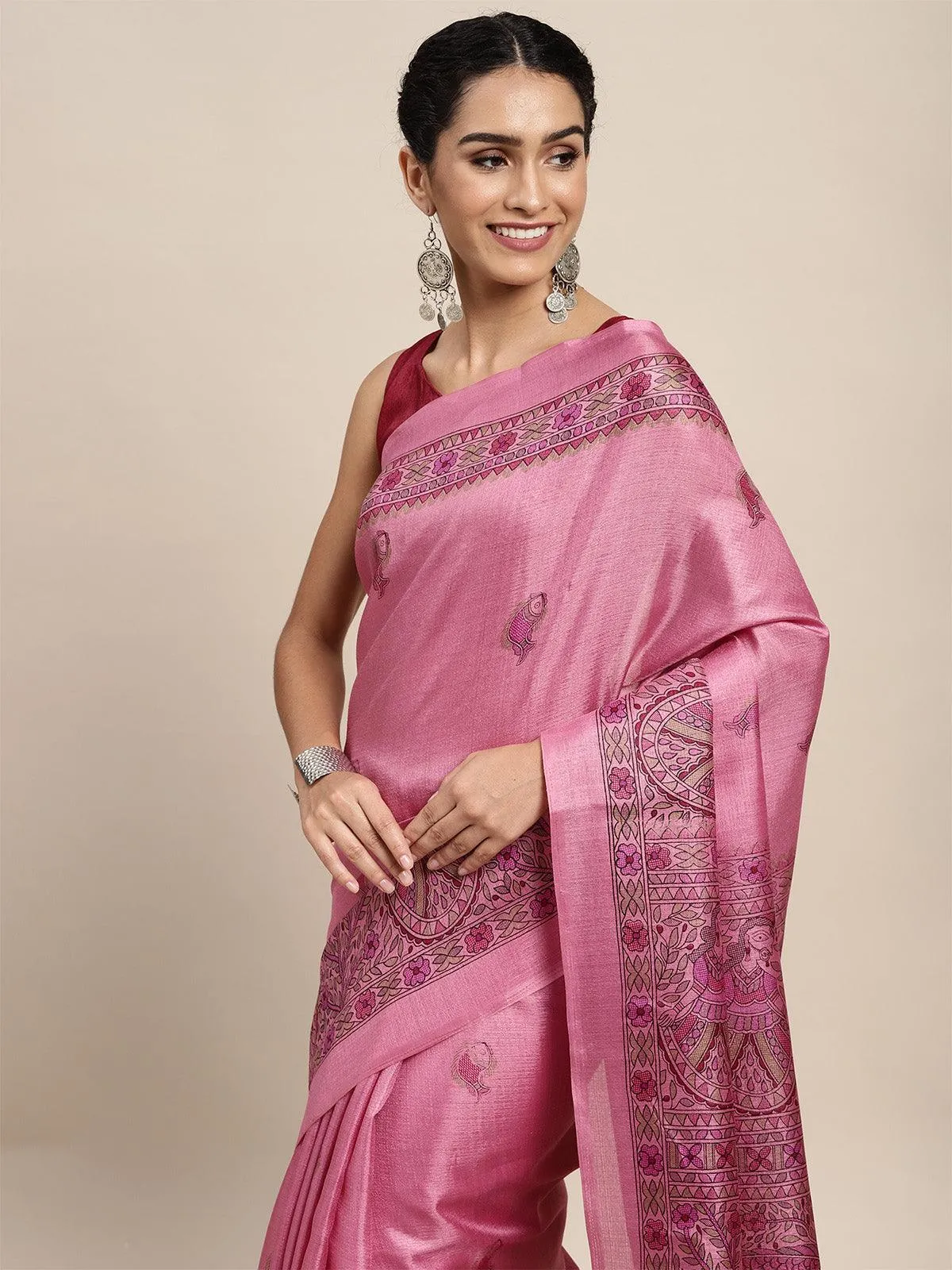 Odette Women Khadi Silk Lilac Printed Saree With Blouse Piece