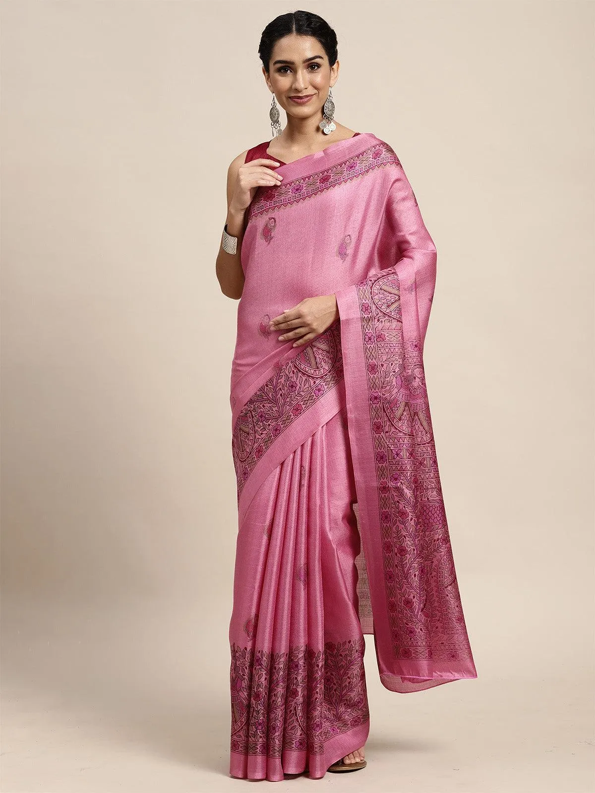 Odette Women Khadi Silk Lilac Printed Saree With Blouse Piece