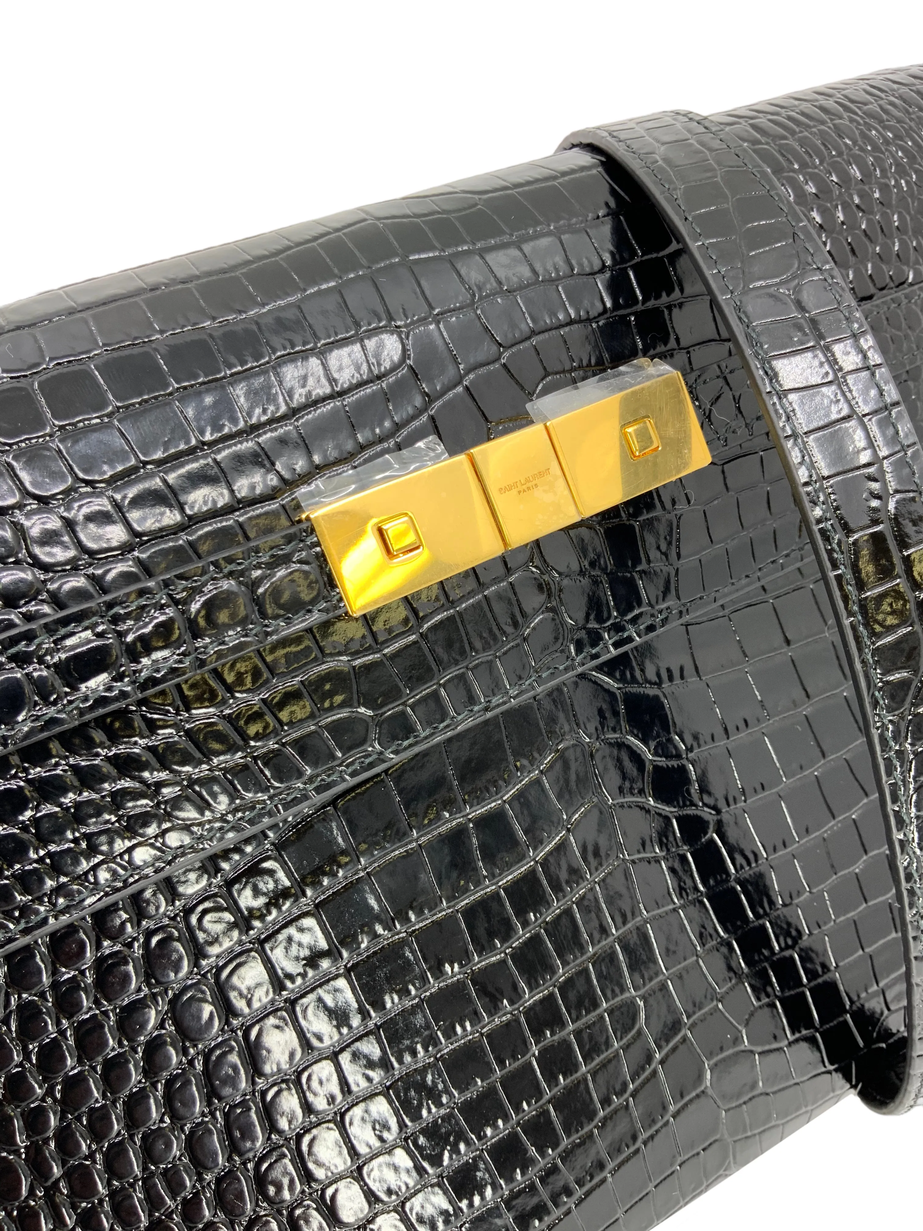 SAINT LAURENT Manhattan Croc-Effect Patent Leather Shoulder Bag NEW