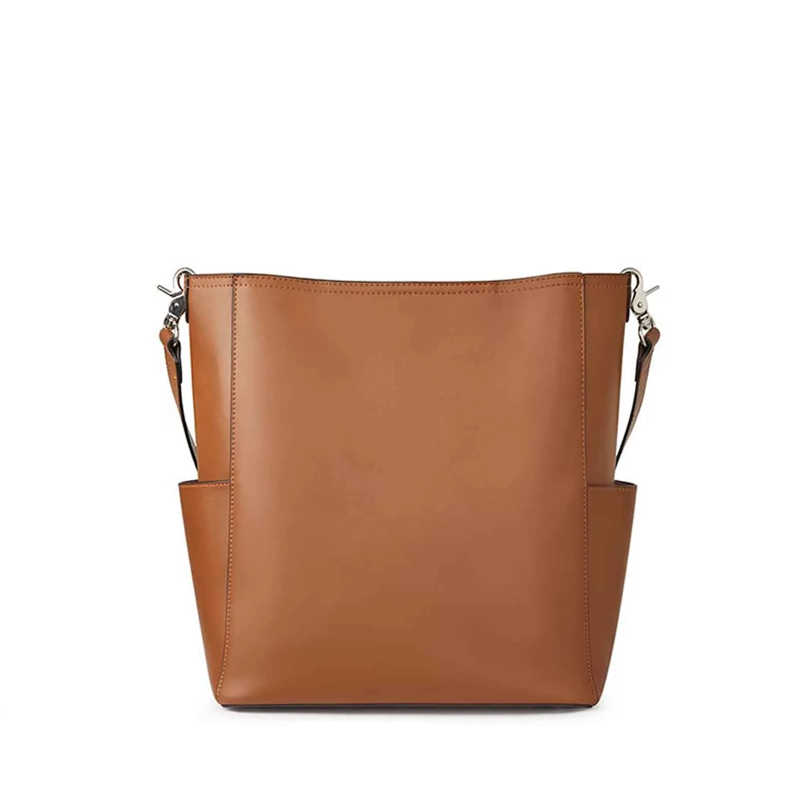 Side Pocket Genuine Leather Bucket Tote Bag