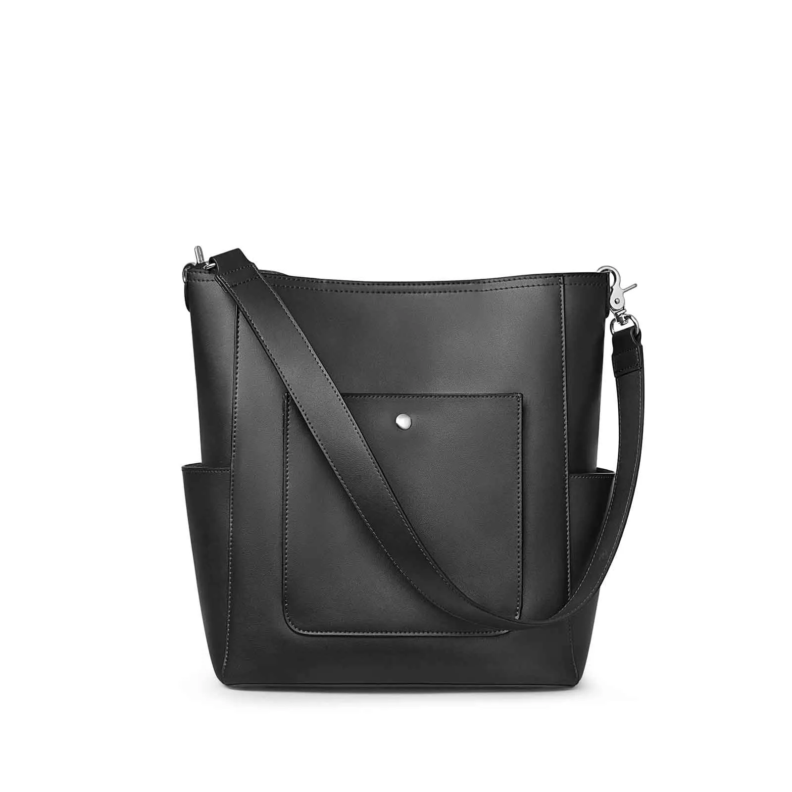 Side Pocket Genuine Leather Bucket Tote Bag