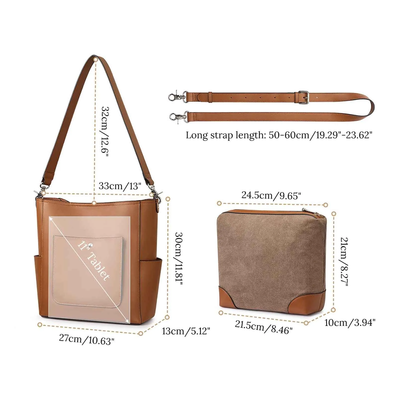 Side Pocket Genuine Leather Bucket Tote Bag