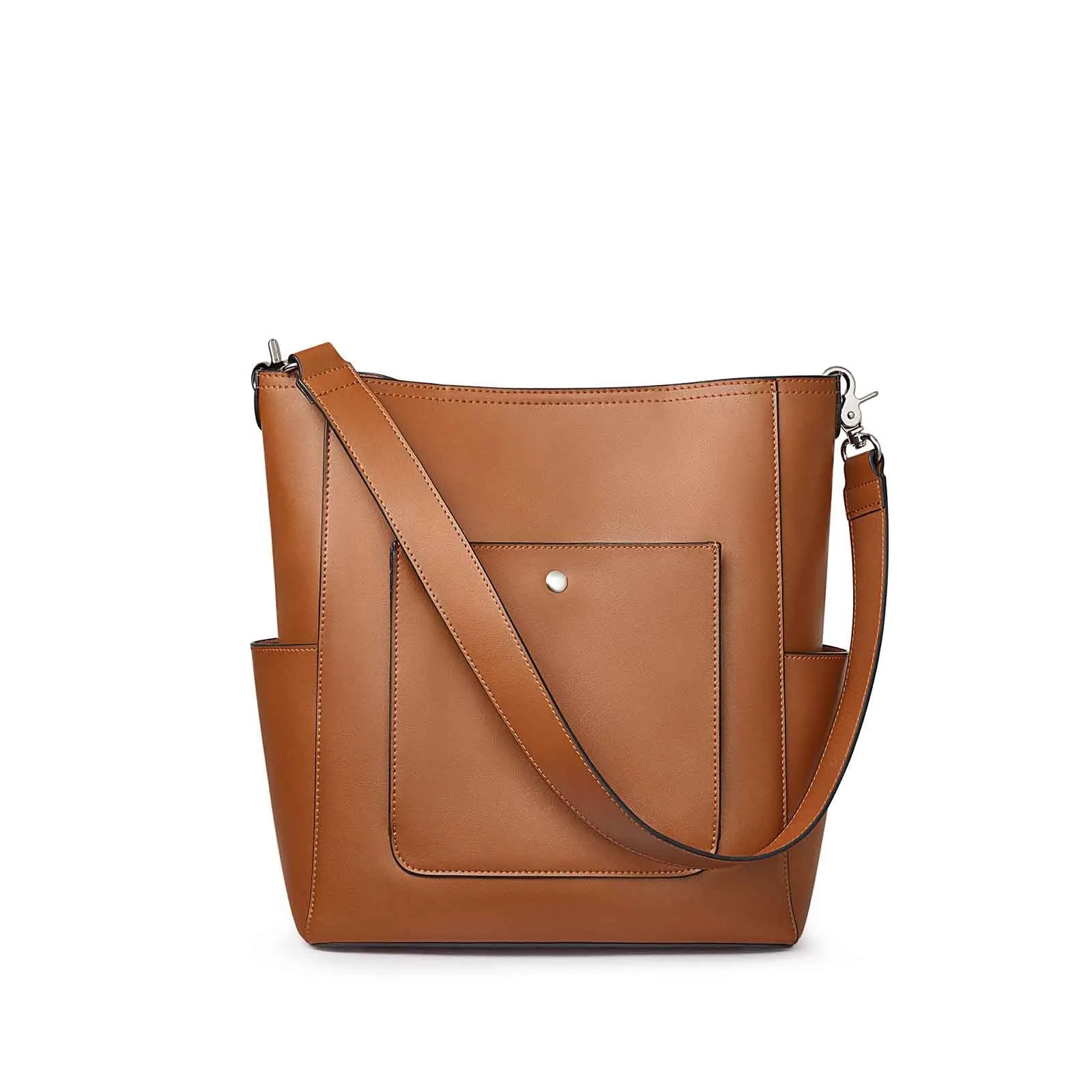 Side Pocket Genuine Leather Bucket Tote Bag