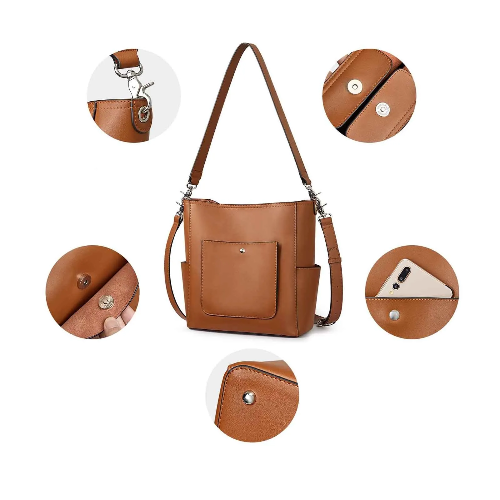 Side Pocket Genuine Leather Bucket Tote Bag