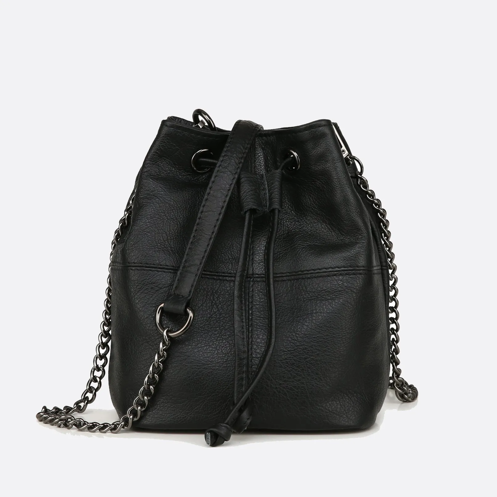 Women's genuine cowhide leather mini bucket bag with 2 straps