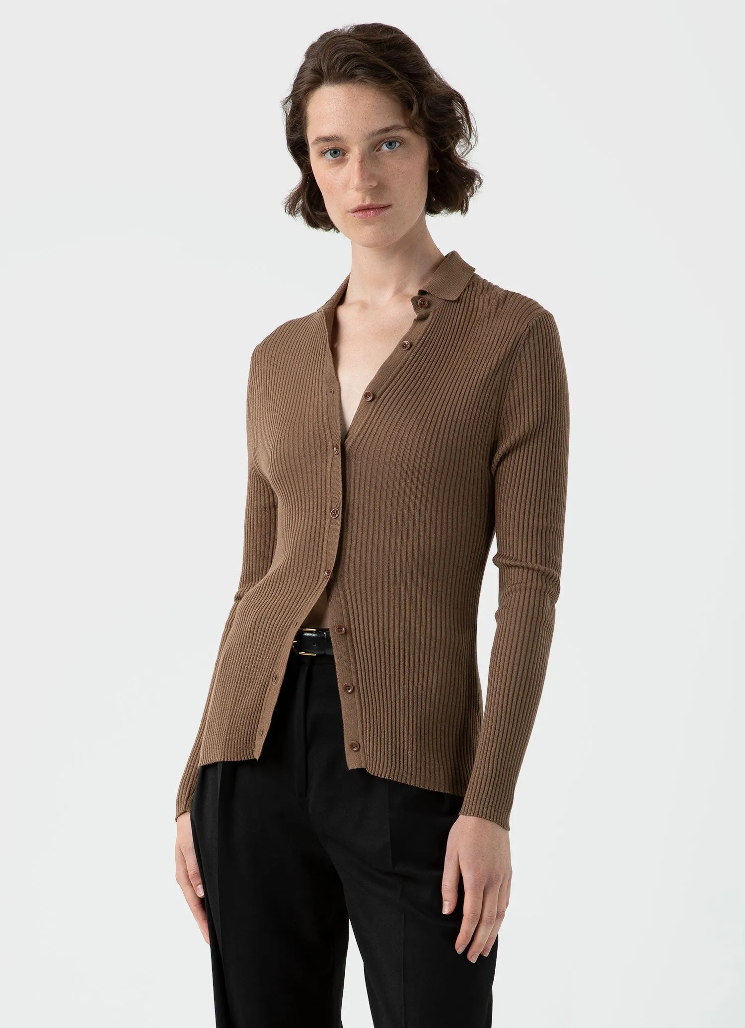 Women's Mulberry Silk Rib Cardigan in Dark Sand